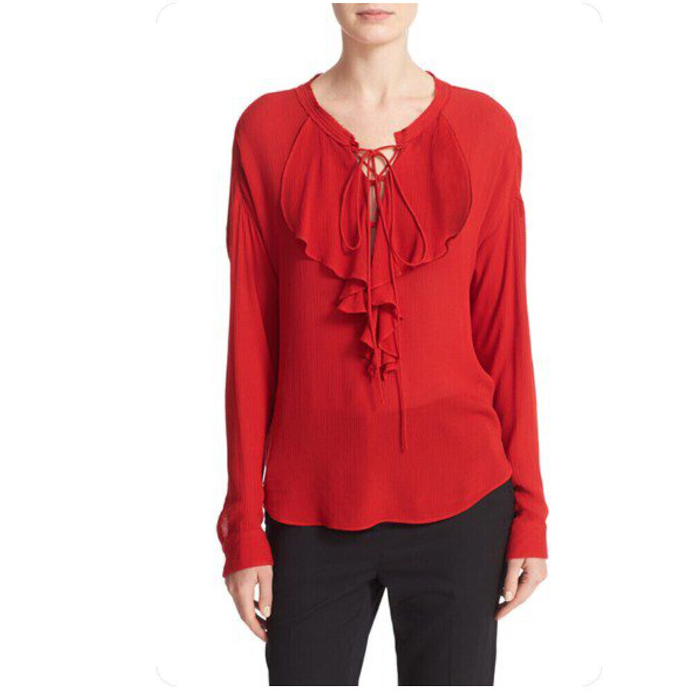 The Kooples Women's Lace Up Crinkle Silk Ruffle Blouse In Red Size S $420